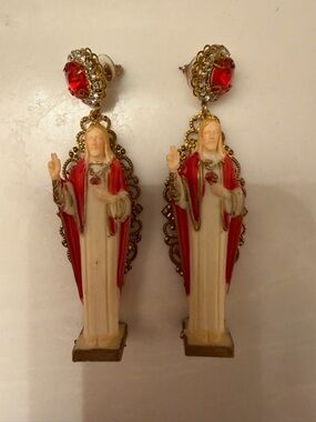 Red Sacred Heart Madonna Dangle Earrings